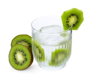 Photo of Refreshing drink and cut kiwi isolated on white