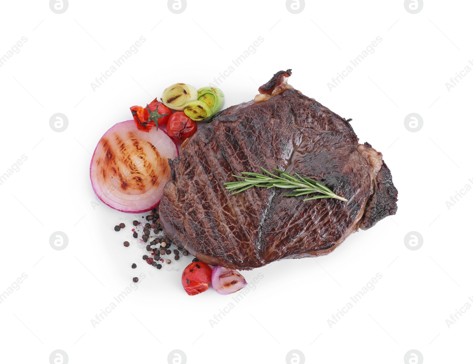 Photo of Delicious fried beef meat with spices and vegetables isolated on white, top view