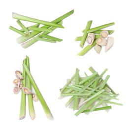 Set with aromatic fresh lemongrass on white background, top view 