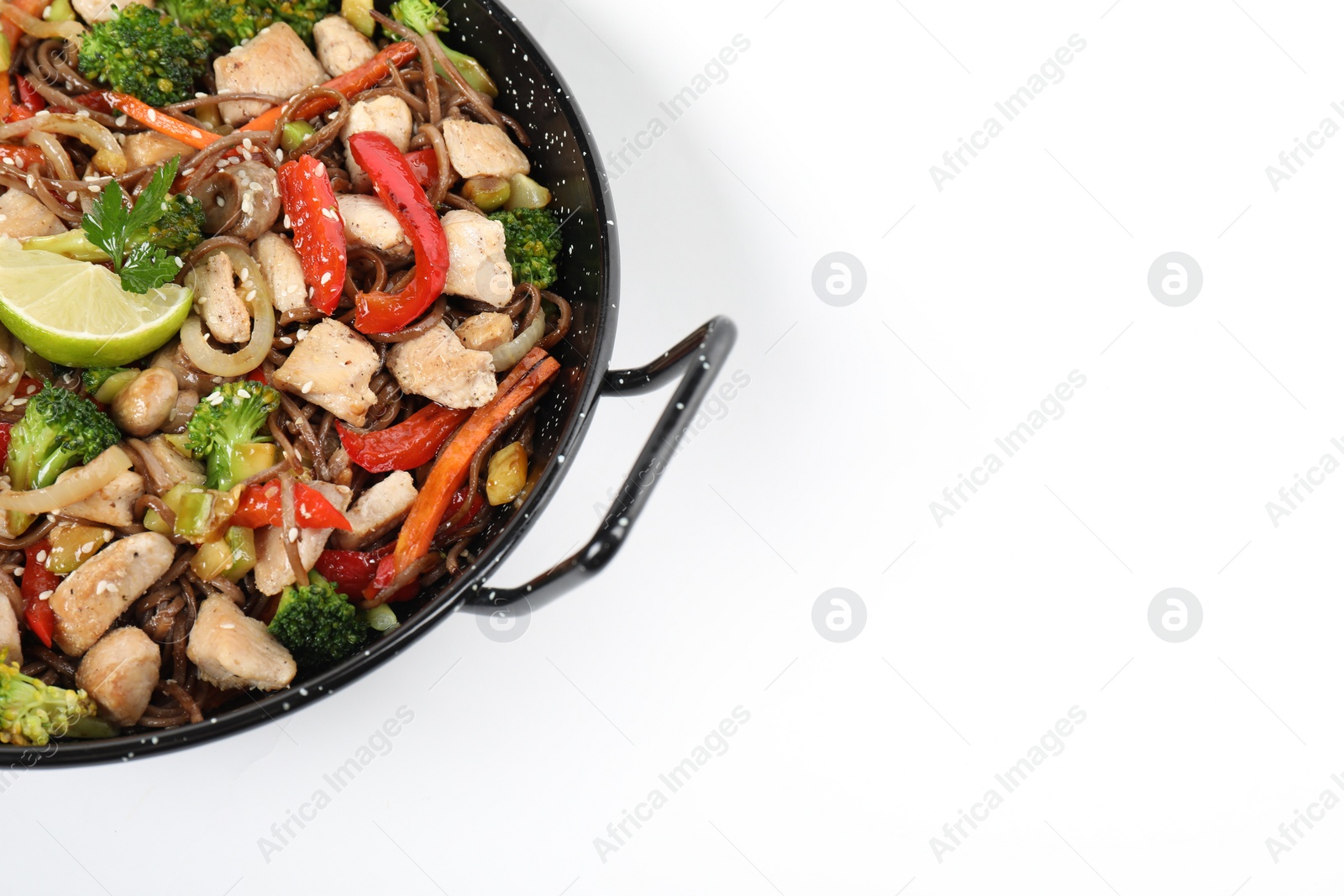 Photo of Stir-fry. Tasty noodles with meat and vegetables in wok on white background, top view. Space for text