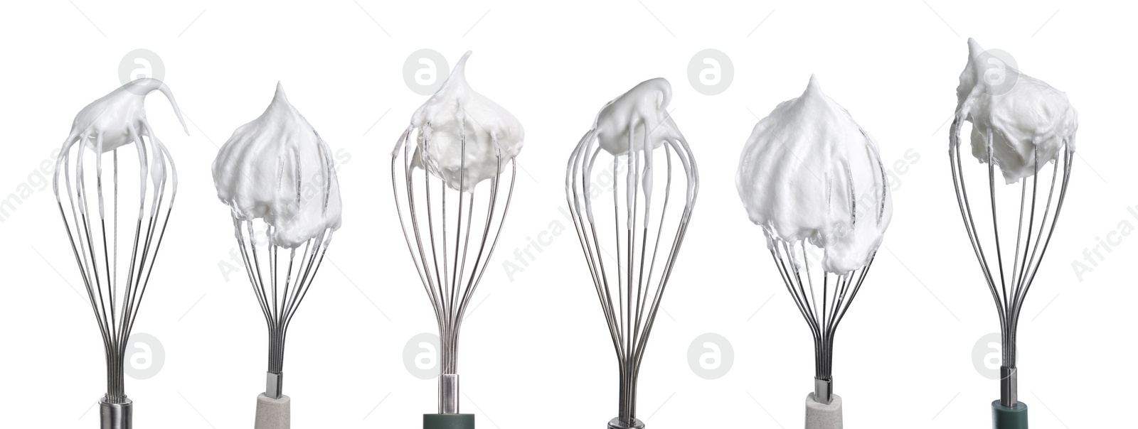 Image of Many different whisks with cream isolated on white, collection