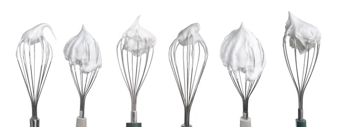 Image of Many different whisks with cream isolated on white, collection