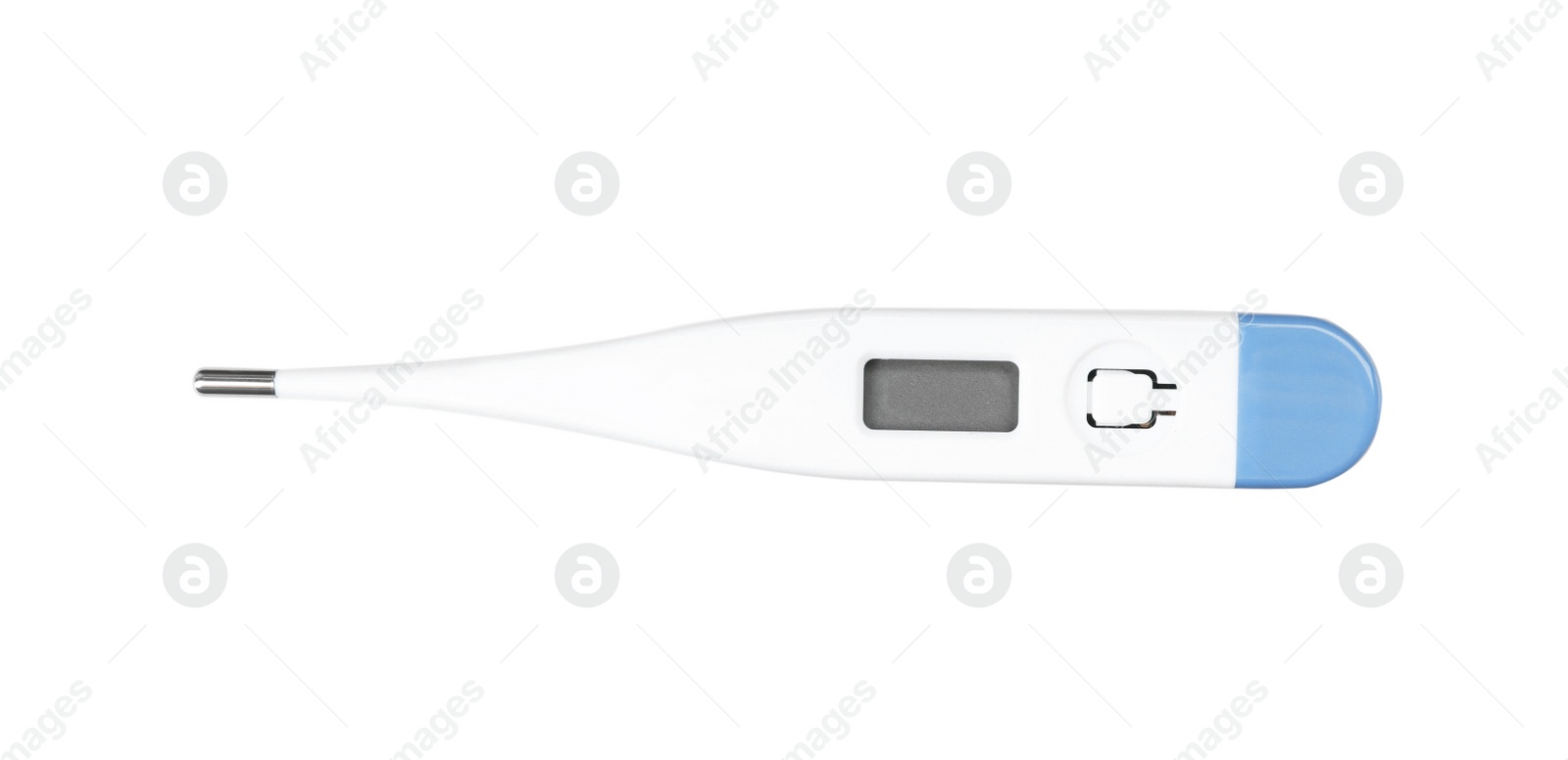 Photo of Digital thermometer on white background, top view. Medical treatment