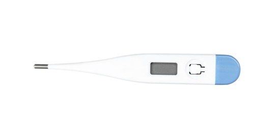 Digital thermometer on white background, top view. Medical treatment