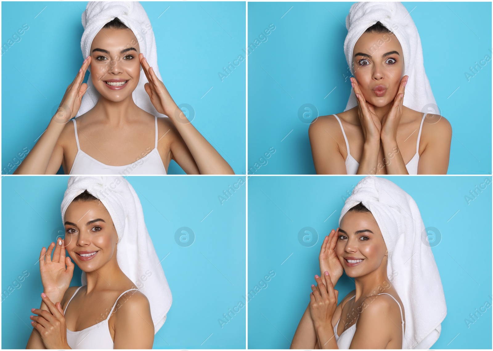 Image of Collage with photos of beautiful young woman with towels on light blue background