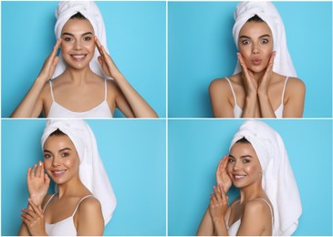 Collage with photos of beautiful young woman with towels on light blue background