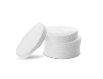 Photo of Pile of cotton pads on white background