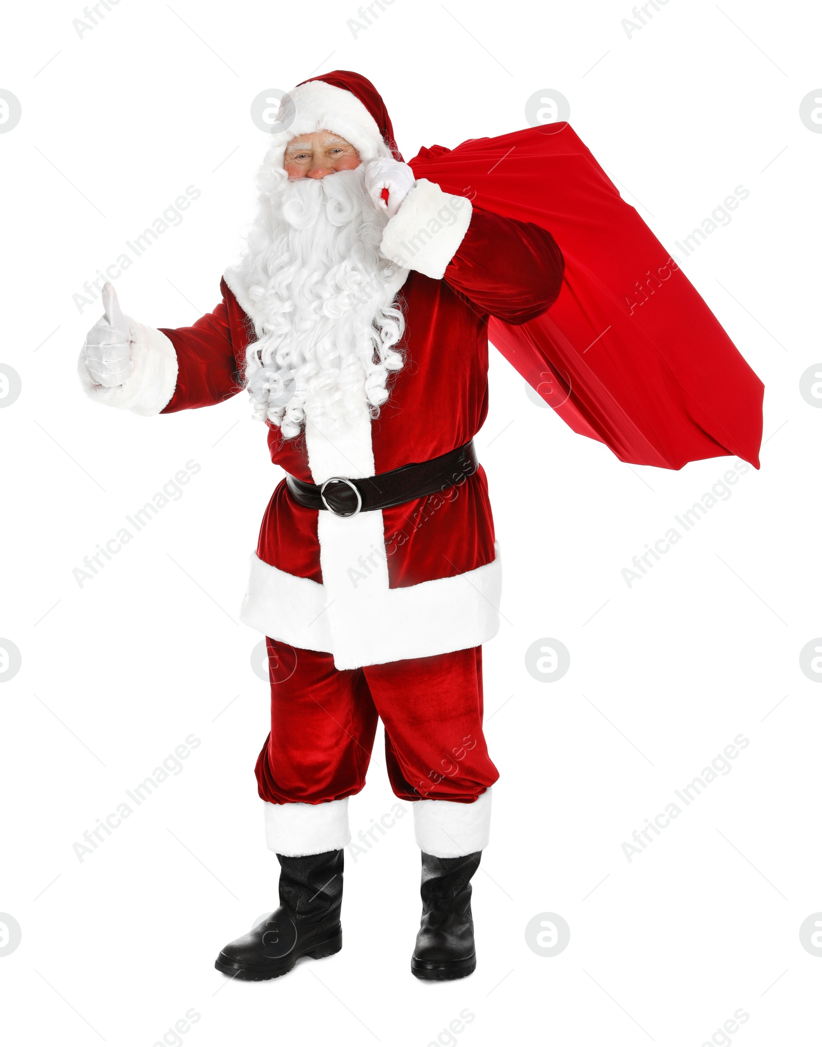 Photo of Authentic Santa Claus with bag full of gifts on white background