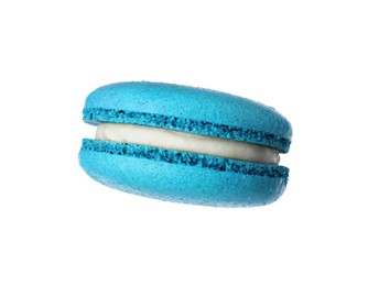 Photo of Delicious fresh blue macaron isolated on white