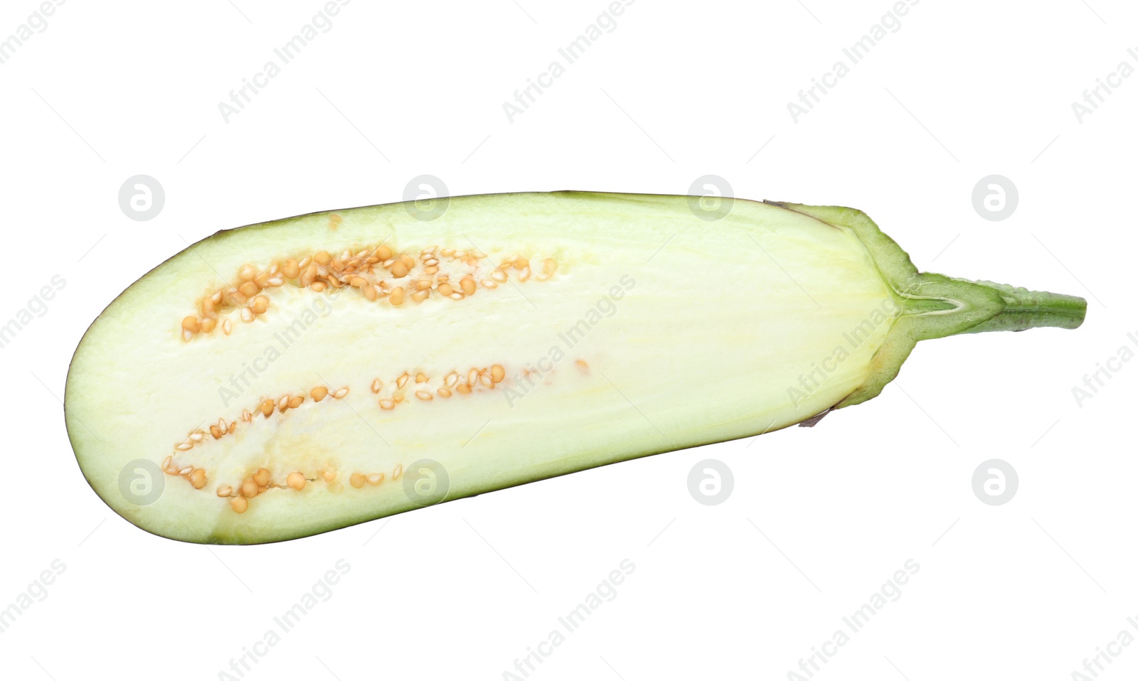 Photo of Half of fresh ripe eggplant isolated on white, top view