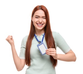Happy woman with vip pass badge on white background