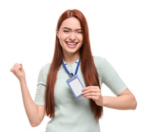 Photo of Happy woman with vip pass badge on white background