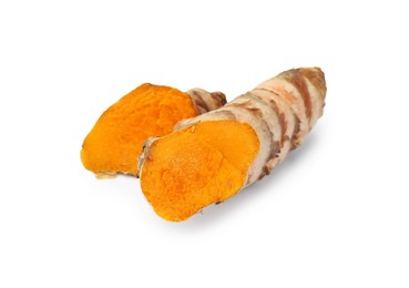 Photo of Fresh cut turmeric root isolated on white
