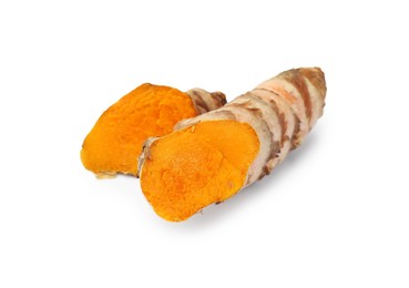 Fresh cut turmeric root isolated on white