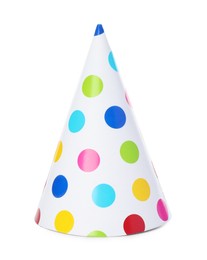 Photo of One colorful party hat isolated on white