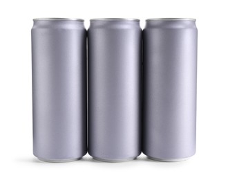 Energy drinks in aluminum cans on white background