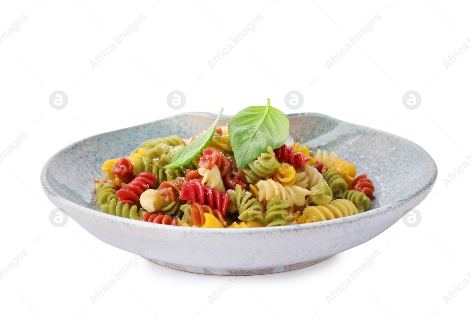 Photo of Colorful pasta with basil and cheese isolated on white