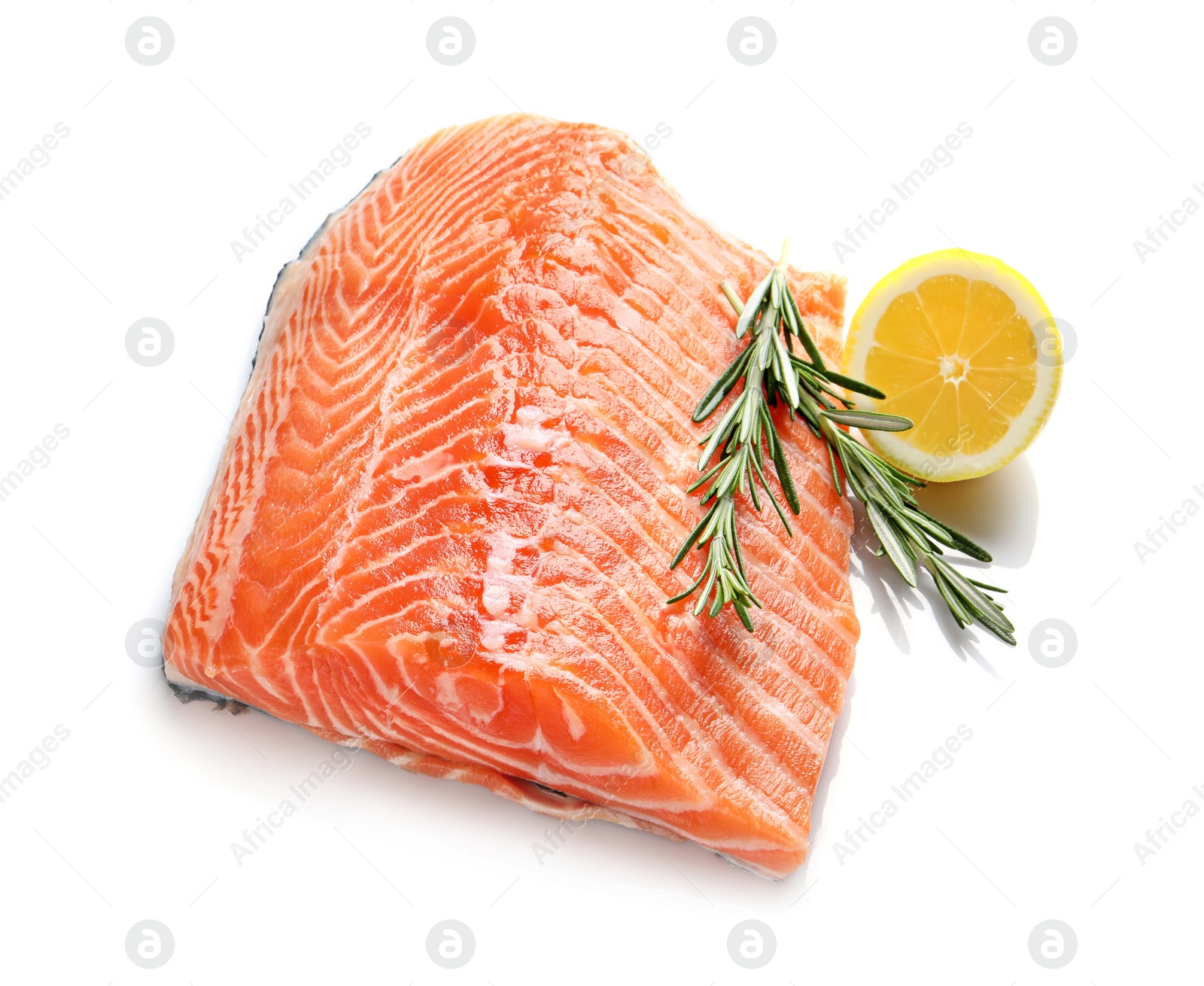 Photo of Raw salmon fillet with lemon and rosemary on white background