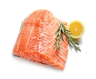 Photo of Raw salmon fillet with lemon and rosemary on white background