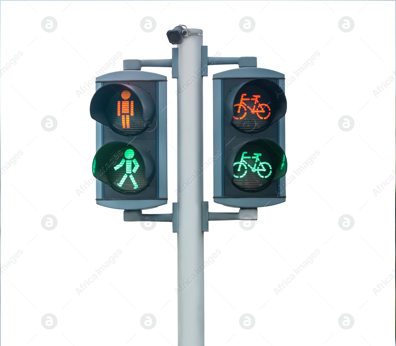 Image of Pedestrian and bicycle traffic light on white background