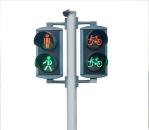 Image of Pedestrian and bicycle traffic light on white background