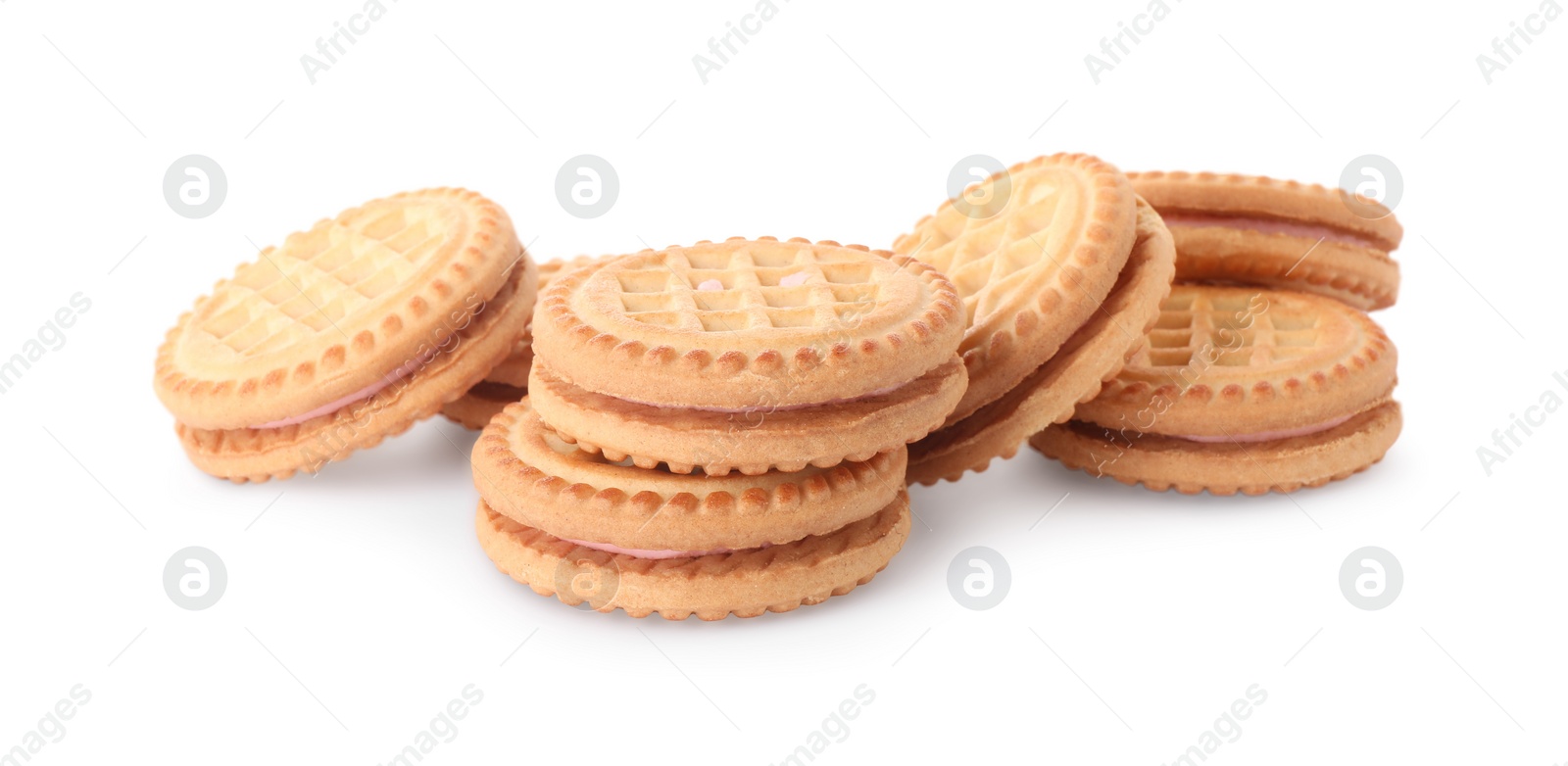 Photo of Many tasty sandwich cookies with cream isolated on white