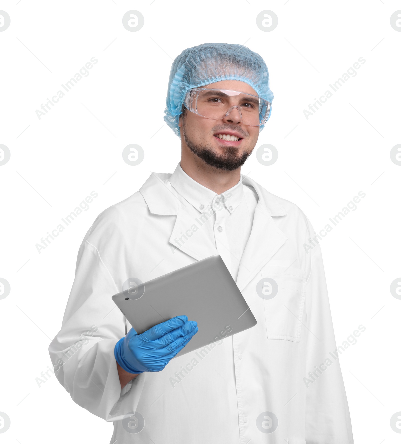 Photo of Quality control. Food inspector with tablet on white background