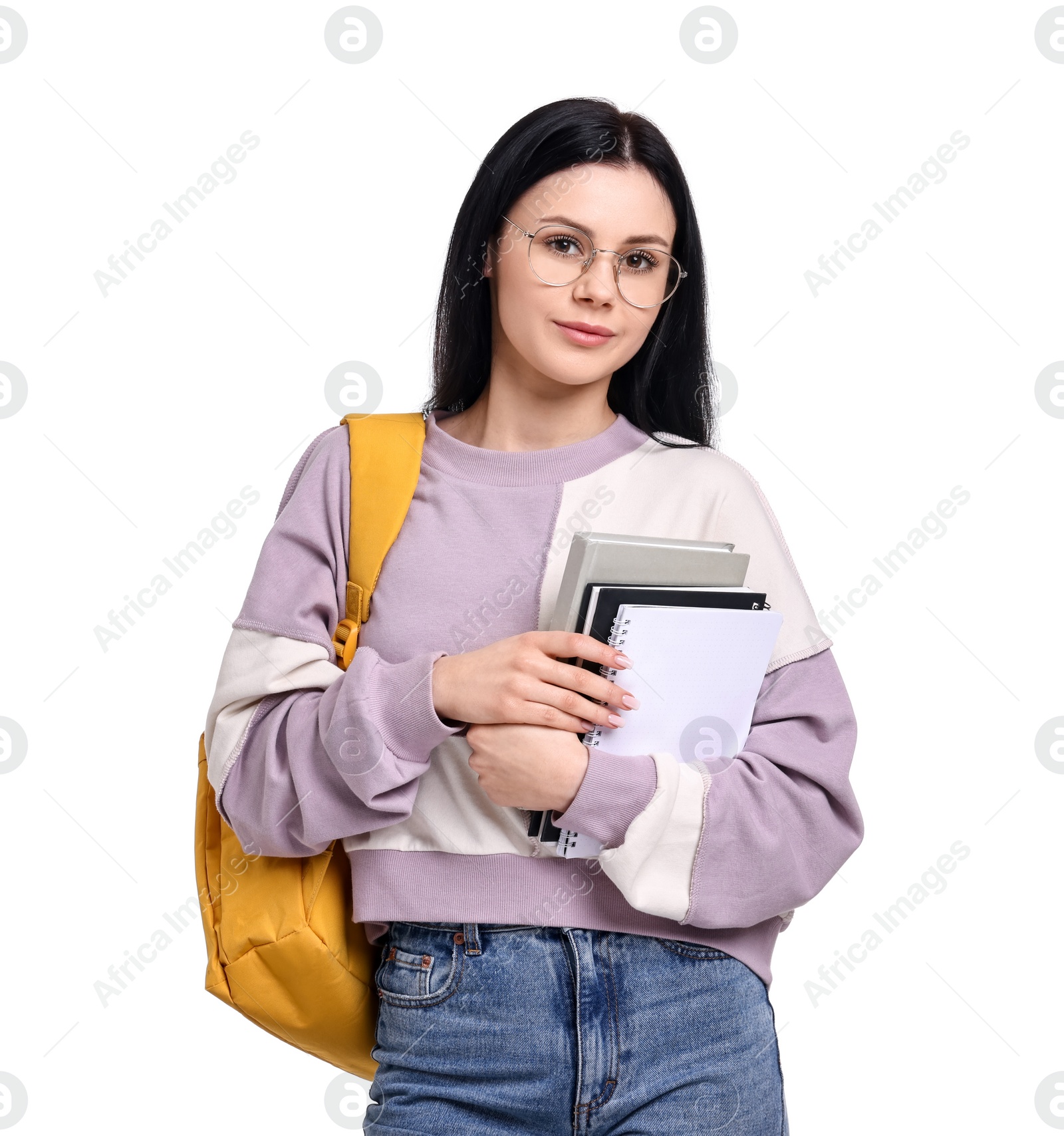 Photo of Student with notebooks and backpack on white background