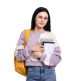 Student with notebooks and backpack on white background