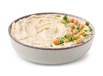 Bowl of delicious hummus with chickpeas isolated on white