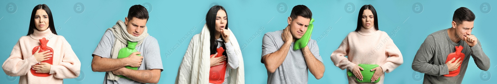 Image of People with hot water bottles on light blue background, collage. Banner design  