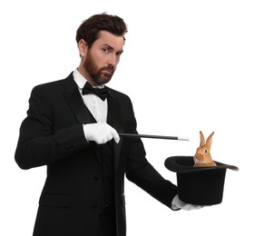 Magician showing trick with top hat and rabbit on white background