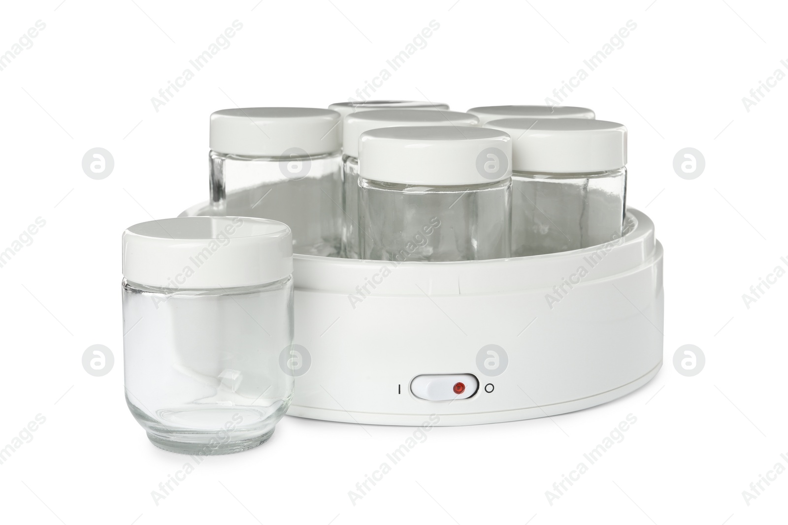 Photo of Modern yogurt maker with empty jars on white background