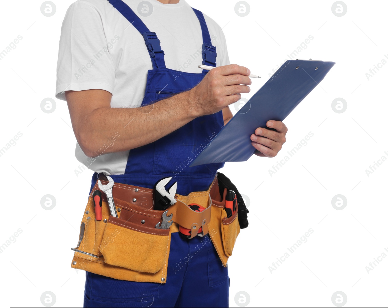 Photo of Professional plumber with clipboard and tool belt on white background, closeup