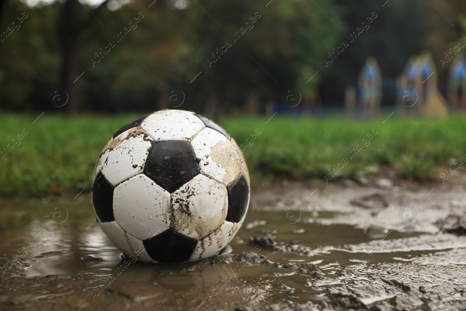 Photo of Dirty leather soccer ball in puddle outdoors