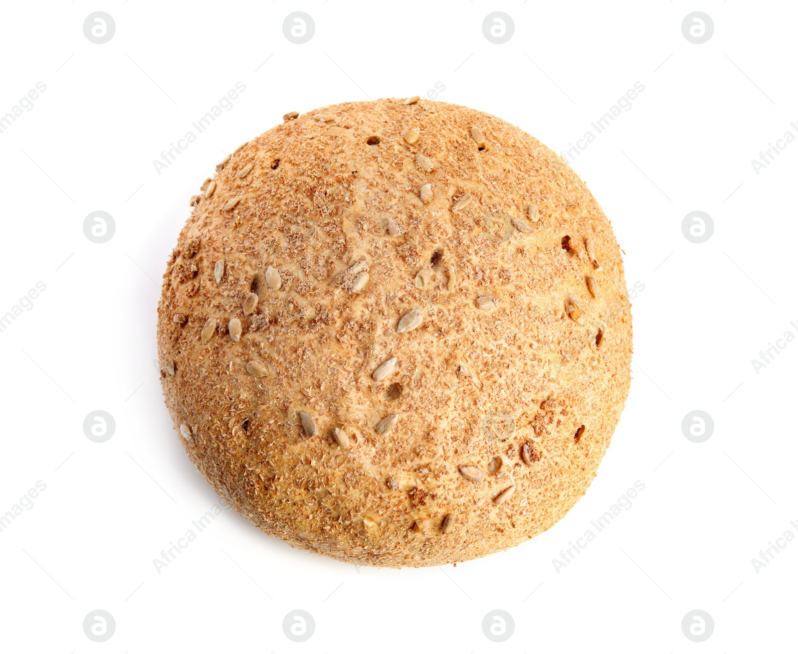 Photo of Loaf of fresh bread with sunflower seeds on white background, top view