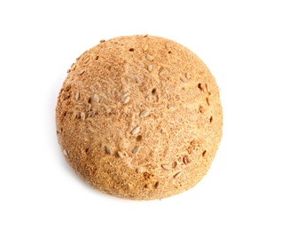 Photo of Loaf of fresh bread with sunflower seeds on white background, top view