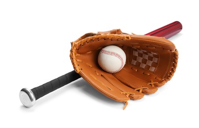 Photo of Baseball bat, ball and glove isolated on white