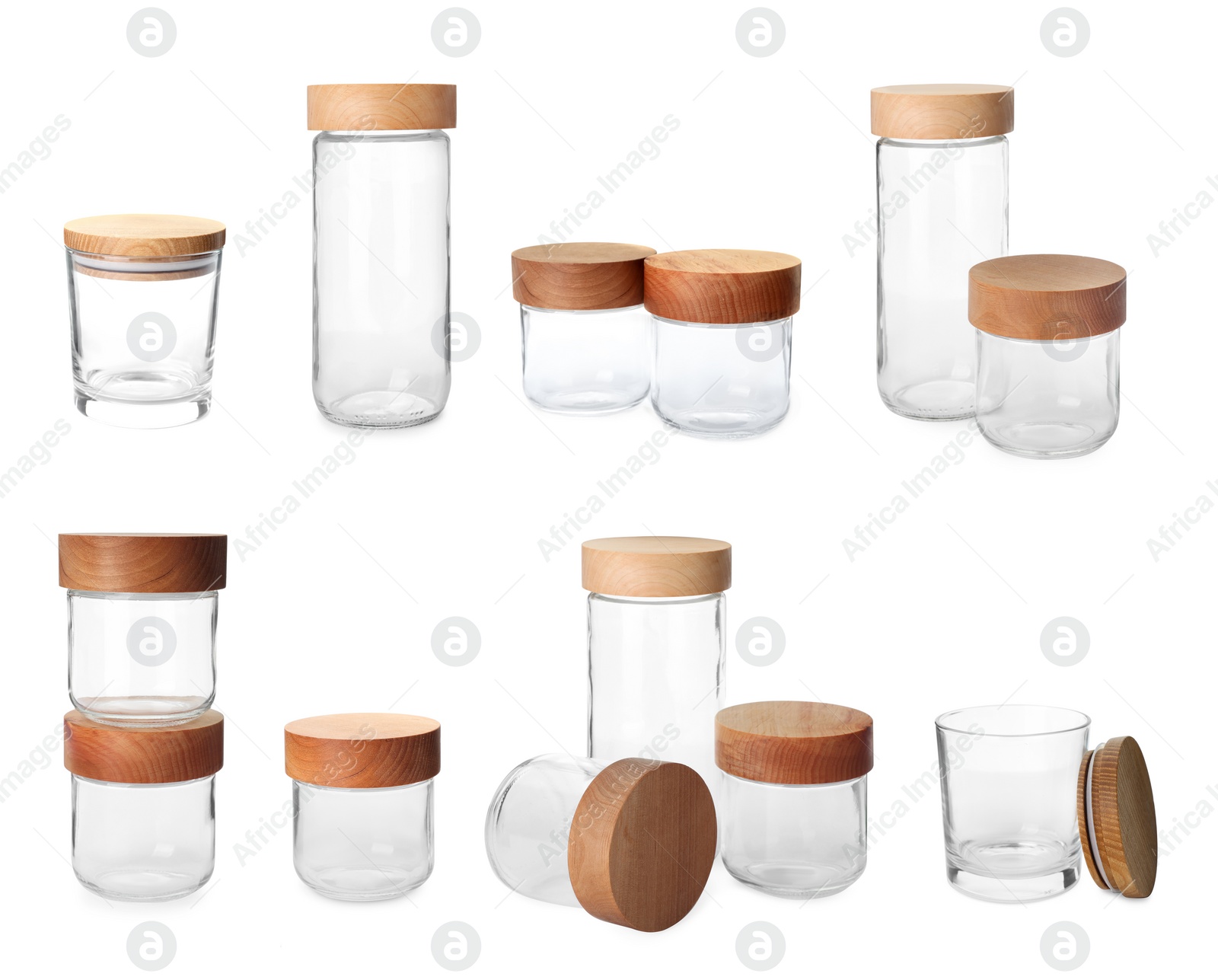 Image of Collage of glass jars with wooden lids isolated on white