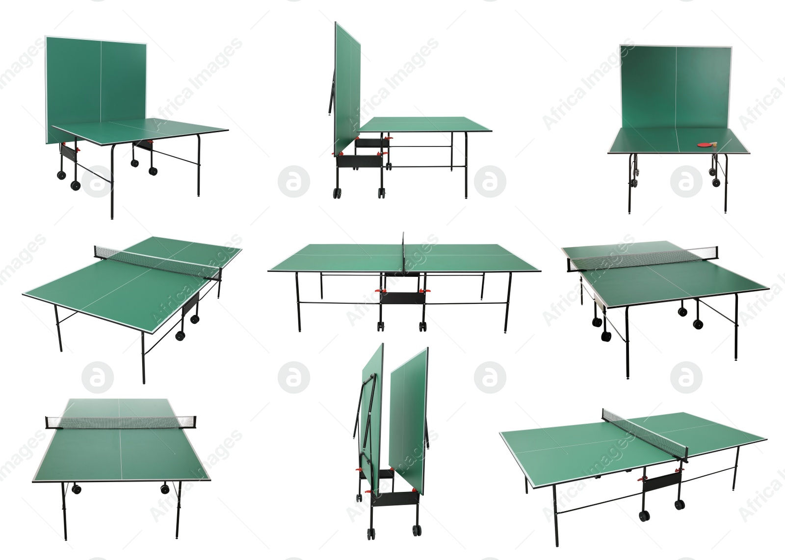 Image of Green ping pong tables on white background, collage