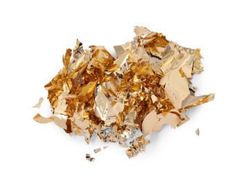 Photo of Edible gold leaf on white background, top view