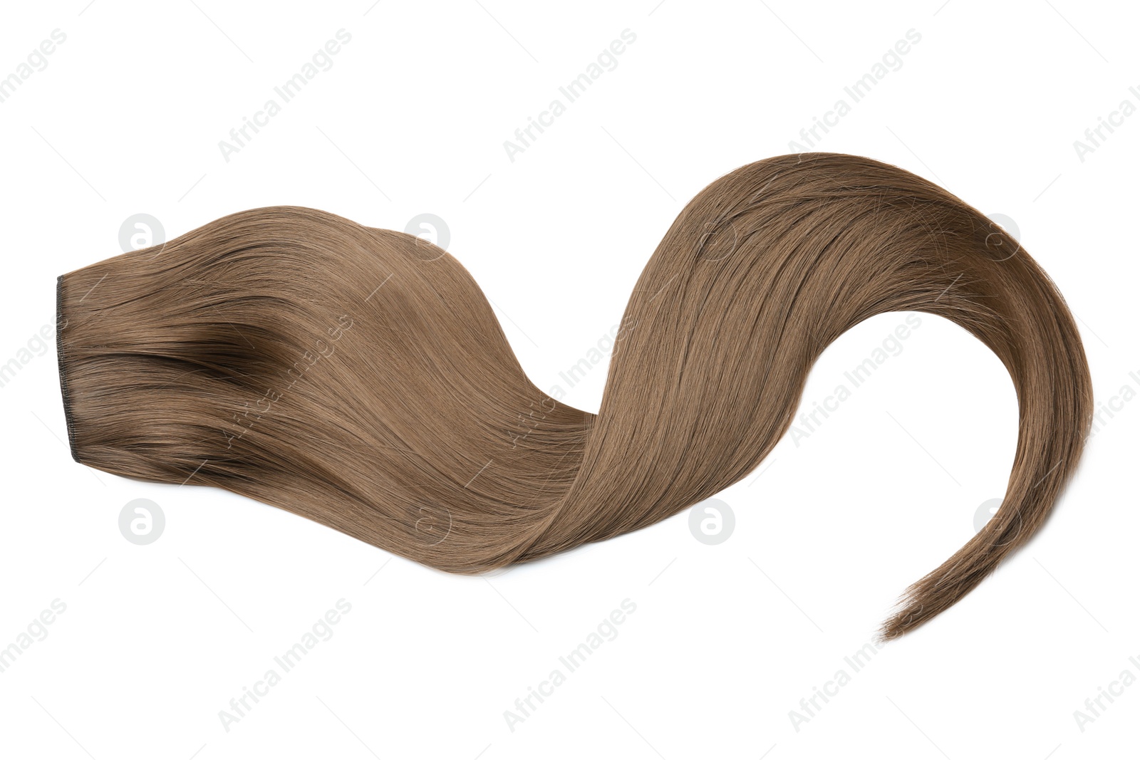 Photo of Lock of brown straight hair on white background, top view