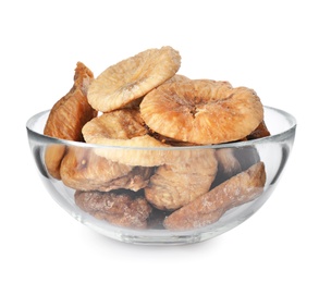 Glass bowl of dried figs on white background