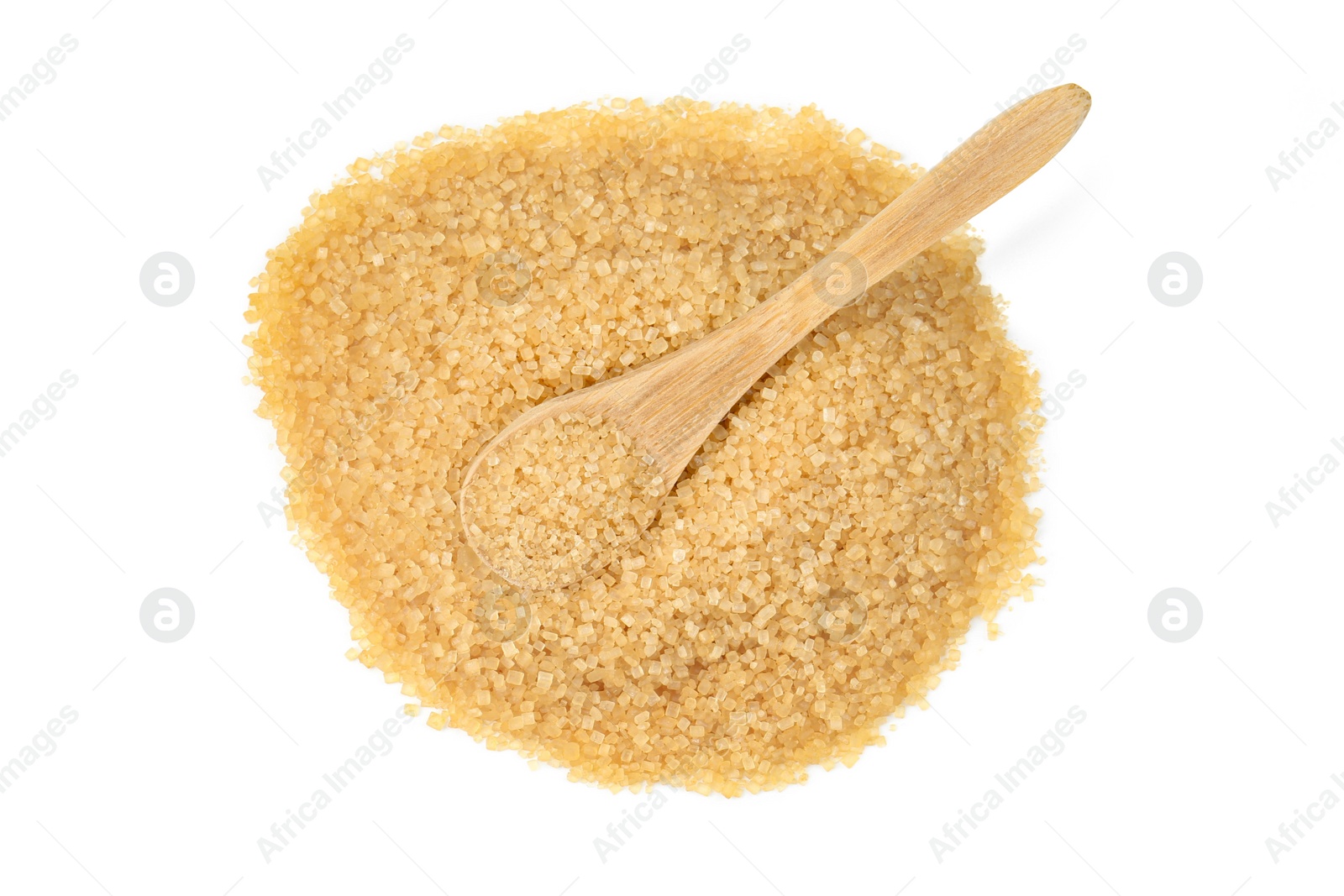 Photo of Pile of brown sugar and wooden spoon isolated on white, top view