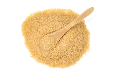 Photo of Pile of brown sugar and wooden spoon isolated on white, top view