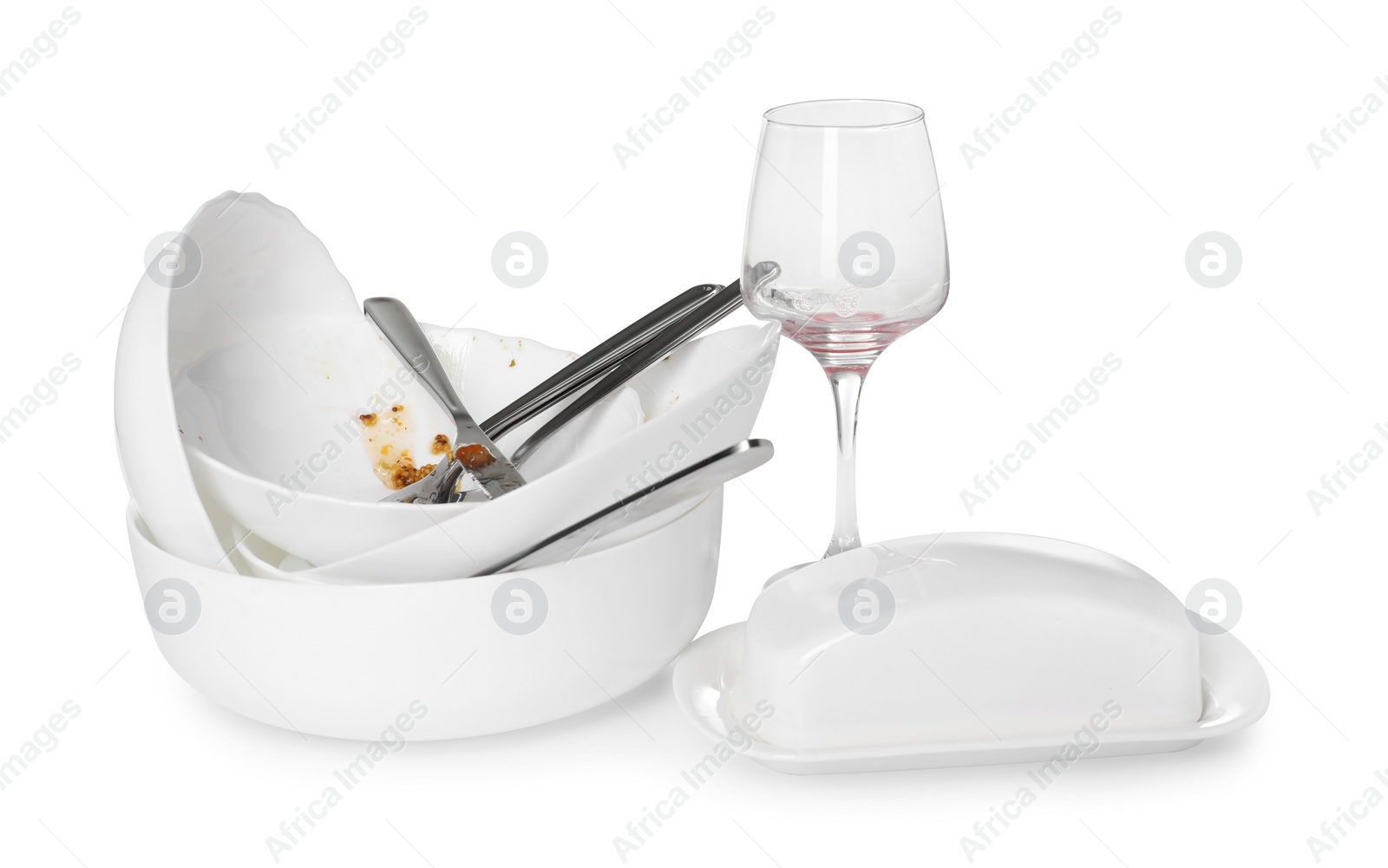 Photo of Set of dirty dishes isolated on white