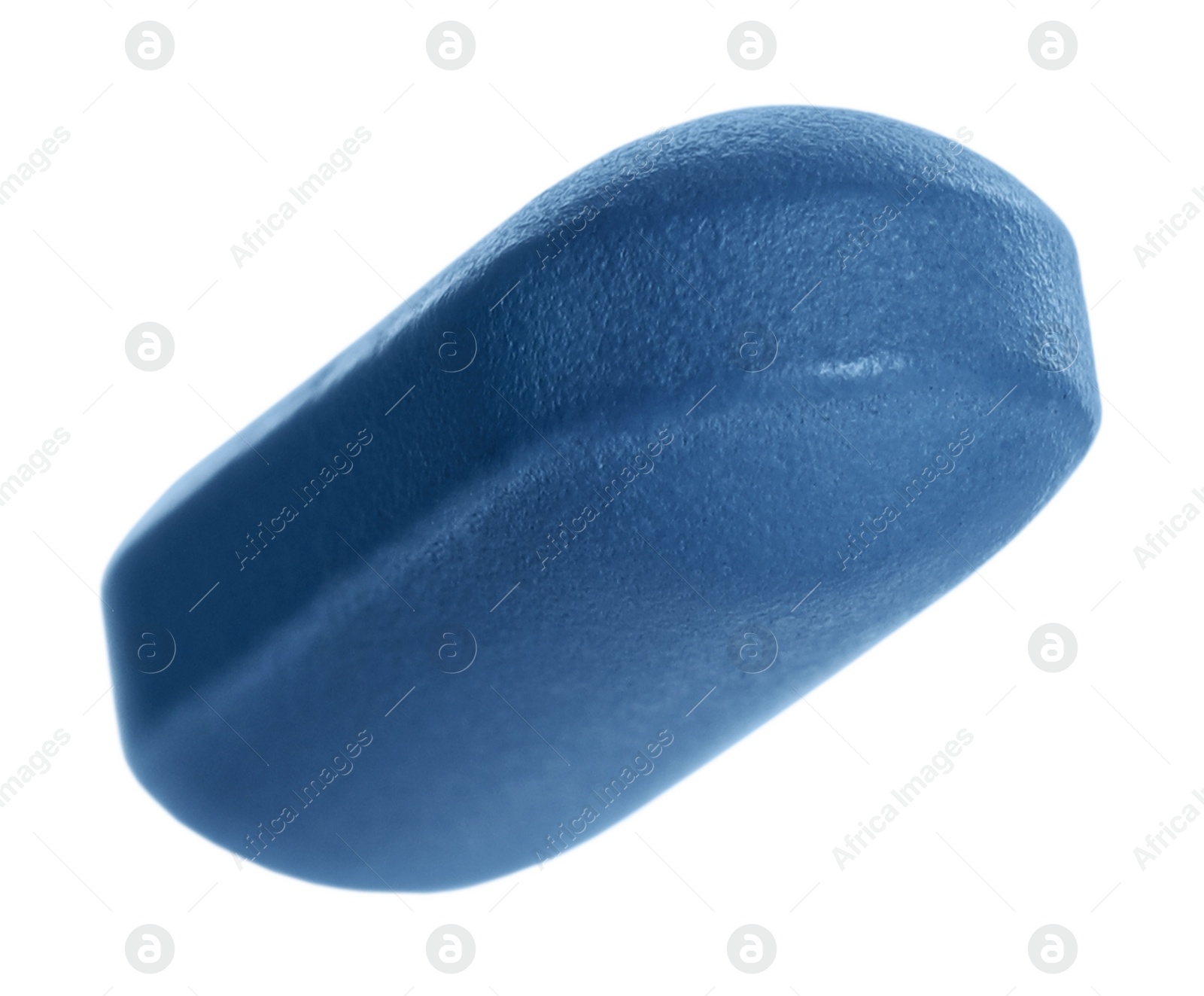 Photo of One blue pill on white background. Medicinal treatment