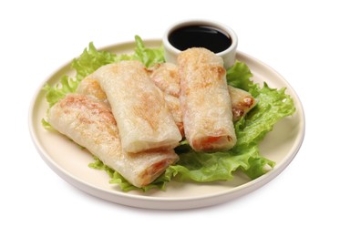 Photo of Delicious fried spring rolls with sauce isolated on white
