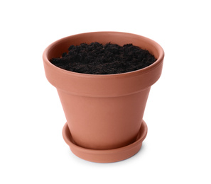 Stylish terracotta flower pot with soil isolated on white