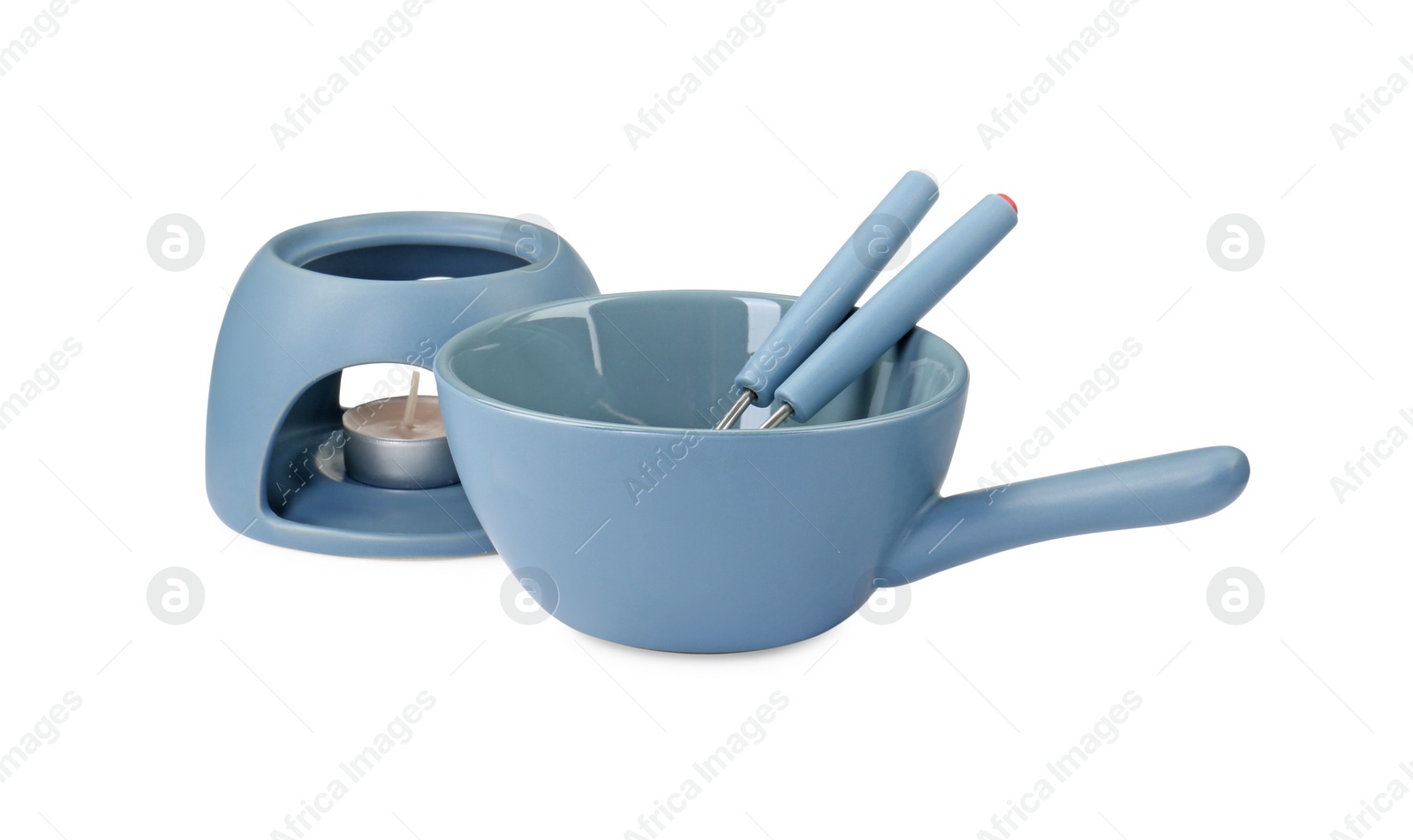 Photo of Fondue set isolated on white. Kitchen equipment